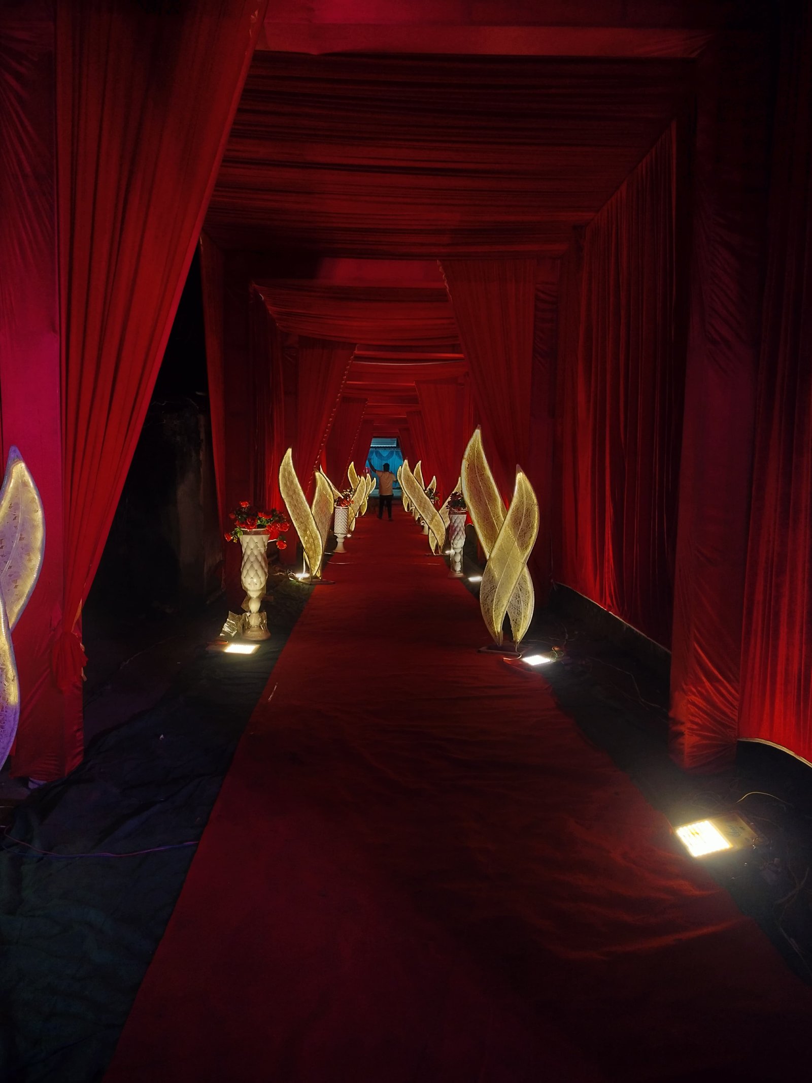 Luxurious courtyard entrance illuminated at night